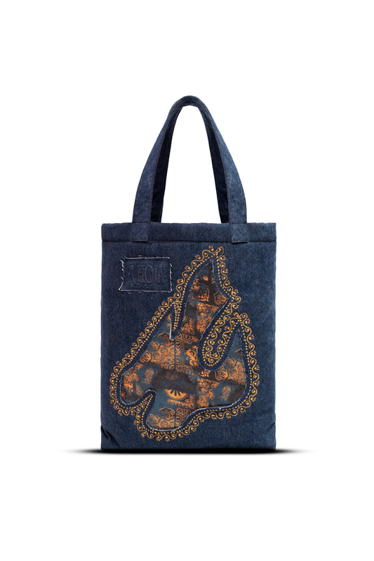 EMBROIDERED ACID WASH DENIM TOTE BAG