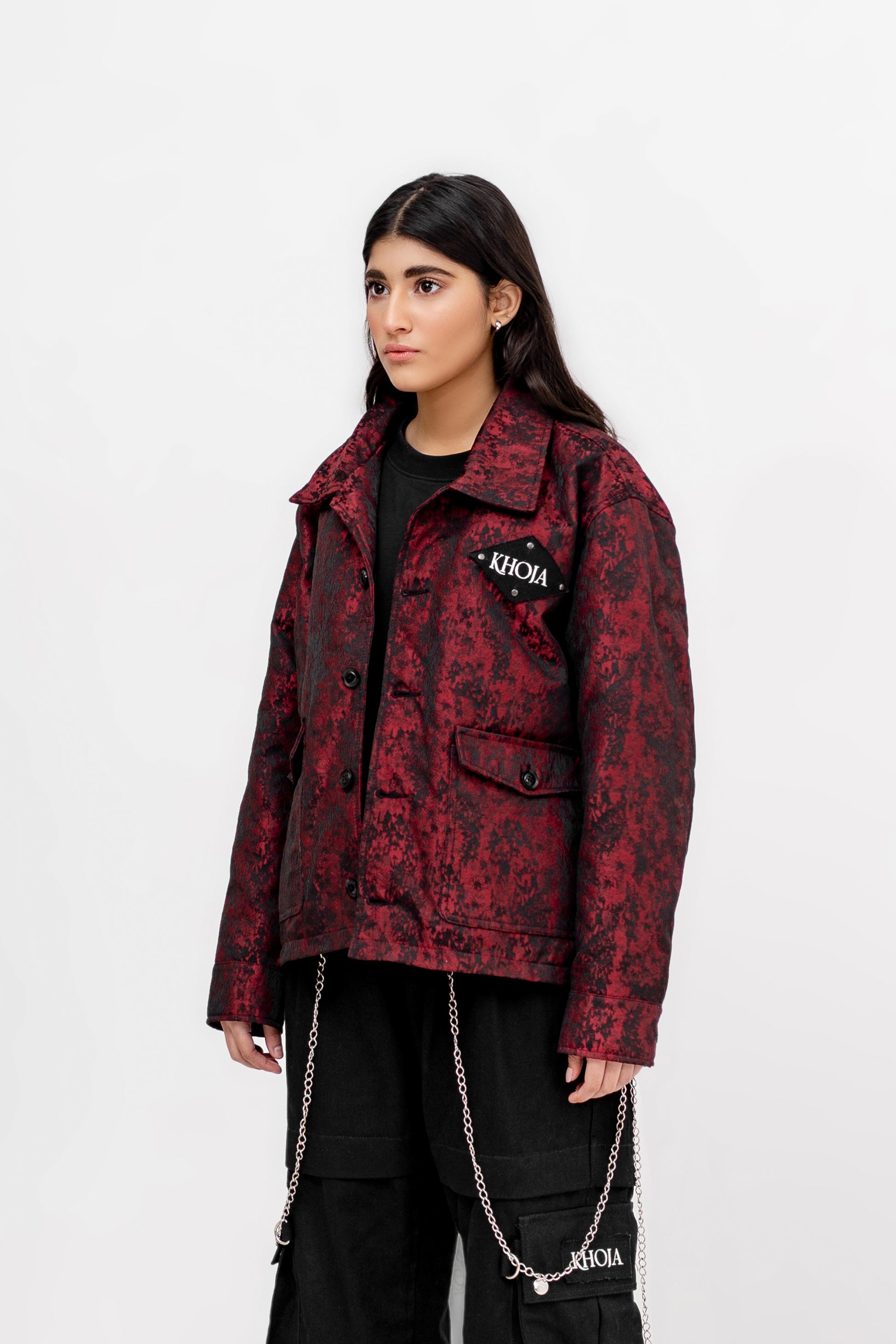 “Crimson Noir Weave” Cross Weaved Woven Cottan Jacket - Khoja.co