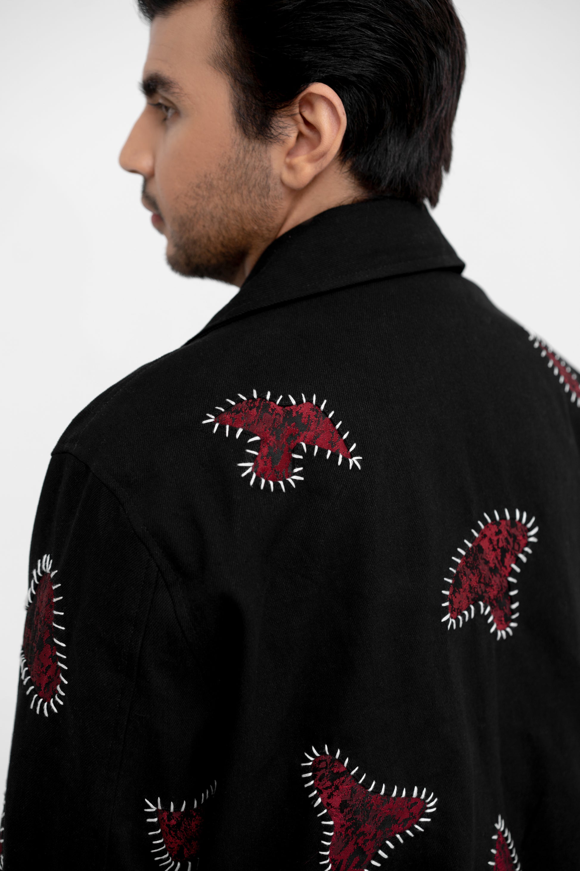 Scarlet Stitched Noir Woven Cotton Jacket - Khoja.co