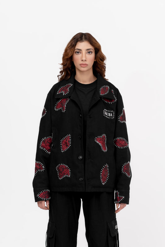 Scarlet Stitched Noir Woven Cotton Jacket - Khoja.co