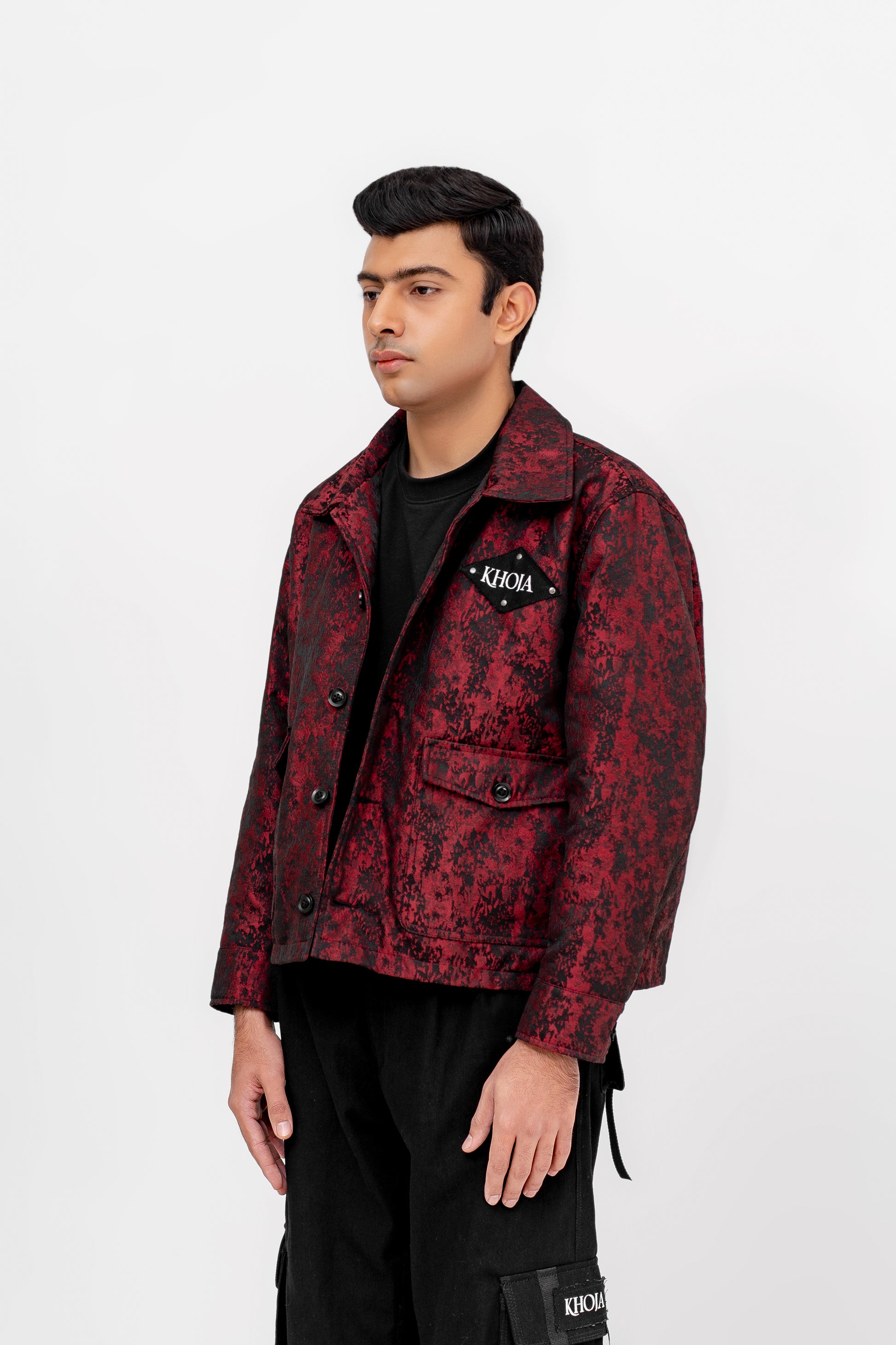 “Crimson Noir Weave” Cross Weaved Woven Cottan Jacket - Khoja.co